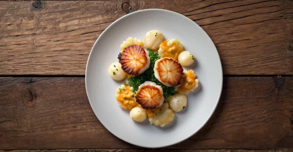 Petoncles-Poeles-sur-Chou-Fleur-en-Deux-Temps-Croustille-de-Cheddar-et-Pomme