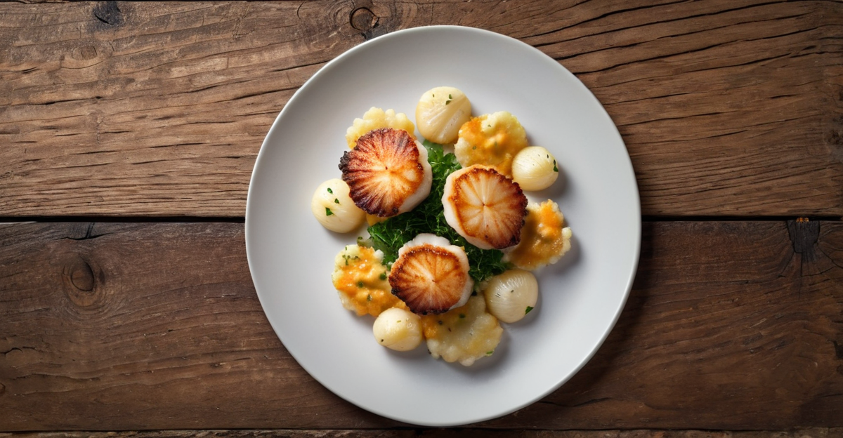 Petoncles-Poeles-sur-Chou-Fleur-en-Deux-Temps-Croustille-de-Cheddar-et-Pomme